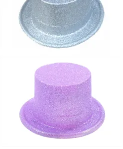 Dettaglio di cappelli a cilindro glitterati argento e viola per feste