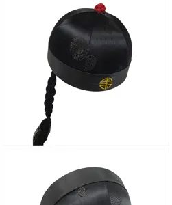 Traditional Chinese emperor hat in black satin with a long braided black pigtail