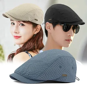 Unisex Spring Summer Lightweight Breathable Grid Jacquard Beret Hat Outdoor Sun Protection Closed Flat Ivy Cap For Men Women
