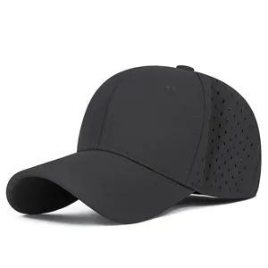 Schwarze schnelltrocknende Baseballkappe mit perforiertem Netzrücken für den Sonnenschutz