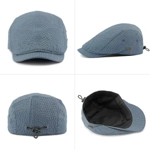 Breathable blue checkered beret flat cap with adjustable drawstring closure