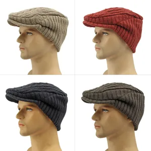 Four colors of knitted winter beret flat caps for men and women with warm ribbed texture.