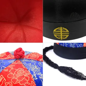 Traditional Chinese Guapi Mao vintage costume hat with embroidery and ponytail detail