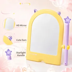 Kawaii yellow cat ear tabletop makeup mirror with purple star handle for vanity desk