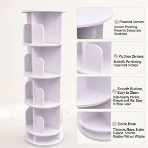 Modern white multi-tier rotating bookshelf with rounded corners and a stable base unit