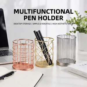 Nordic Style Metal Iron Pen Holder Makeup Brush Storage Bucket Desktop Stationery Organizer Round Hexagonal Gold Rose Gold