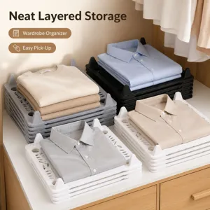 Stackable closet organizer trays for neat layered clothing storage in your wardrobe.