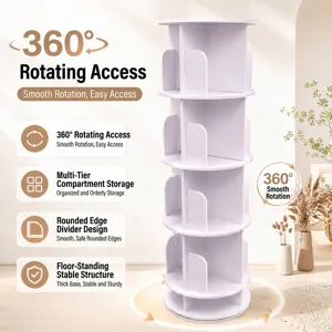 White floor-standing multi-tier rotating bookshelf with 360-degree storage for books