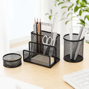 3-teiliges Schreibtisch-Organizer-Set aus schwarzem Metallgeflecht für das Büro