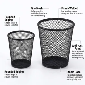 Durable black metal mesh desk organizer set with wastebasket and pen holder for office