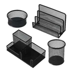 4-teiliges Schreibtisch-Organizer-Set aus schwarzem Metallgeflecht für Büro und Homeoffice