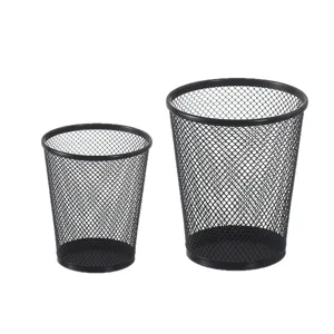Set of two black metal mesh pencil holders and conical desk organizers for office