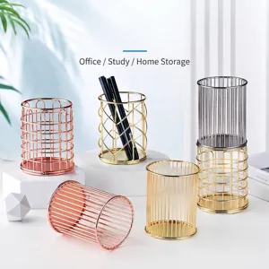 Elegant Nordic style metal wire pen holders in gold and rose gold for desk storage
