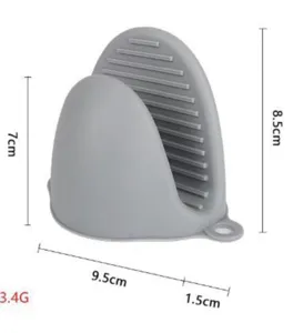 Vue détaillée des dimensions des maniques en silicone gris résistant à la chaleur