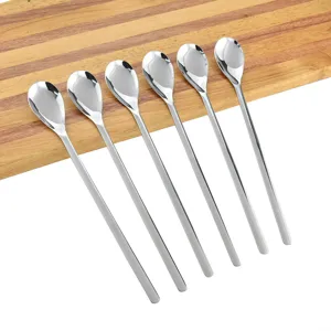 Juego de seis cucharas de postre de acero inoxidable 304 pulido con mango largo