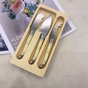 3-piece ivory Laguiole style cheese knife set with wooden storage tray