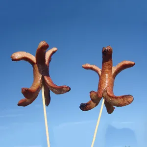 Detail von 50 cm dicken Bambusspießen mit Grillwurst vor klarem blauem Himmel