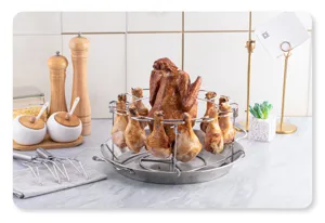 Detailed view of stainless steel chicken leg roasting rack with multiple hooks and tray