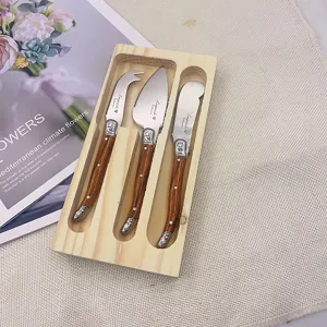 Stainless steel cheese knife set with wooden handle and storage box for kitchen use.