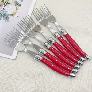 Edelstahl Essgabeln Set 6 Stück mit roten Griffen und klassischem französischen Design.