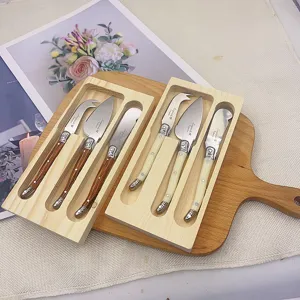 Stainless steel butter knife set with wooden handle and storage box, elegant kitchen tableware.