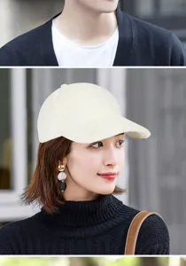 Detail view of white lamb wool baseball cap worn by a female model for winter warmth