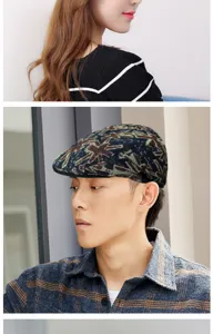 Stylish men's flat cap with a detailed jacquard pattern shown on a male model's head.
