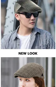 Stylish vintage plaid flat cap for men and women shown on models in a street setting