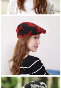 Detail view of a vintage jacquard knit beret worn by an Asian model in a stylish setting