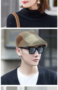 Detailed view of an Asian male model wearing a vintage British checkered flat cap
