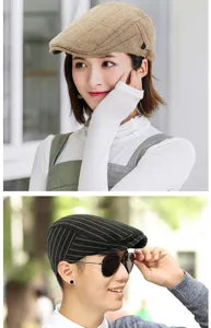 Unisex British retro plaid and pinstripe beret hats shown on models for autumn