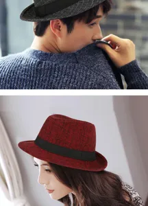 Close-up of stylish checkered fedora hats worn by male and female models.