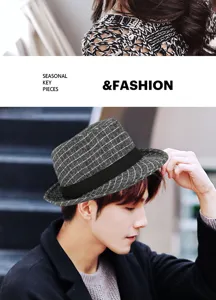 Detailed view of men's vintage plaid fedora hat with rolled brim and black band
