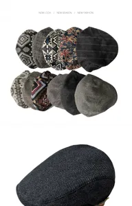 Close-up detail showing the herringbone texture and variety of patterns on these flat caps.