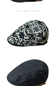 Close-up views of jacquard and striped flat caps showcasing textures and retro style