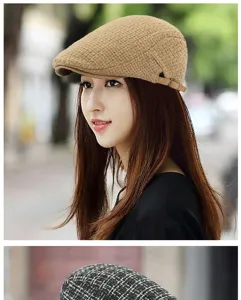 Detailed macro view of a vintage knitted newsboy cap worn by a stylish model in autumn setting