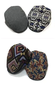 Close-up of stylish jacquard flat caps with various geometric and retro patterns.