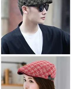 Close-up of retro plaid flat caps on male and female models showing warm knit texture