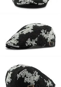 Macro detail of black and white floral jacquard knit fabric on retro newsboy hat
