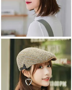 Detailed shot of stylish vintage plaid beret hat worn by a female model outdoors