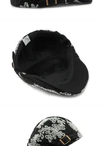 Detailed view of women's jacquard knit beret showing interior lining and metal buckle