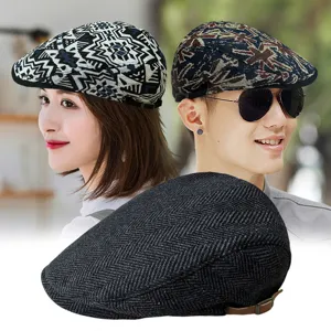 Vintage British Style Newsboy Cap For Men Women Jacquard Geometric Herringbone Beret Adjustable Warm Flat Cap Streetwear Casual Hat