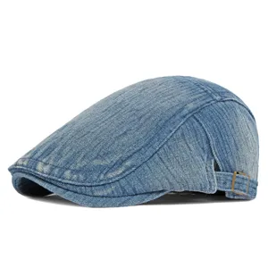 Klassieke retro gewassen blauwe denim platte pet voor heren en dames met gesp opzij