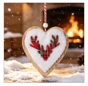 Rustic heart-shaped wooden Christmas ornament with plush fur and plaid reindeer head