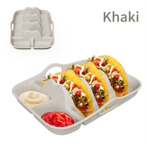 Hochwertige khakifarbene Silikon-Taco-Halterung mit drei Schlitzen und Saucenteilern.