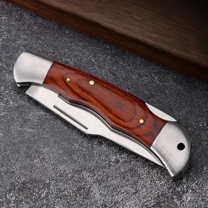 Navaja de bolsillo plegable para camping con mango de madera de alta calidad y refuerzos