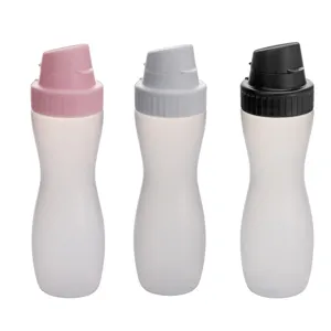 Botellas de PP de grado alimenticio para salsas con tapas de color rosa, gris y negro.