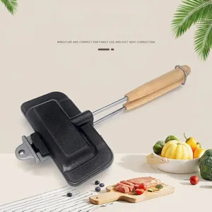Double Sided Sandwich Maker Non Stick Frying Pan Aluminum Toast Bread Breakfast Mold Wooden Handle Gas Induction Cooker