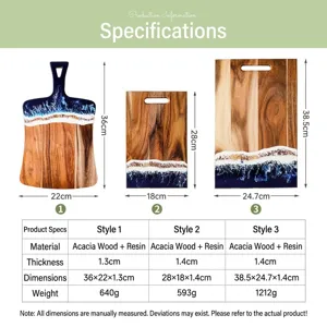 Acacia wood cutting board set with ocean resin wave design and detailed specifications