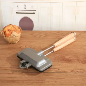 Double-sided non-stick sandwich maker press with heat-resistant wooden handles for home